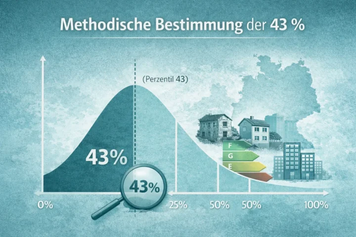 Infografik zur methodischen Bestimmung der 43 Prozent energetisch schlechtesten Wohngebäude nach Artikel 9.2 EPBD mit statistischer Verteilungskurve und Perzentil-Markierung.