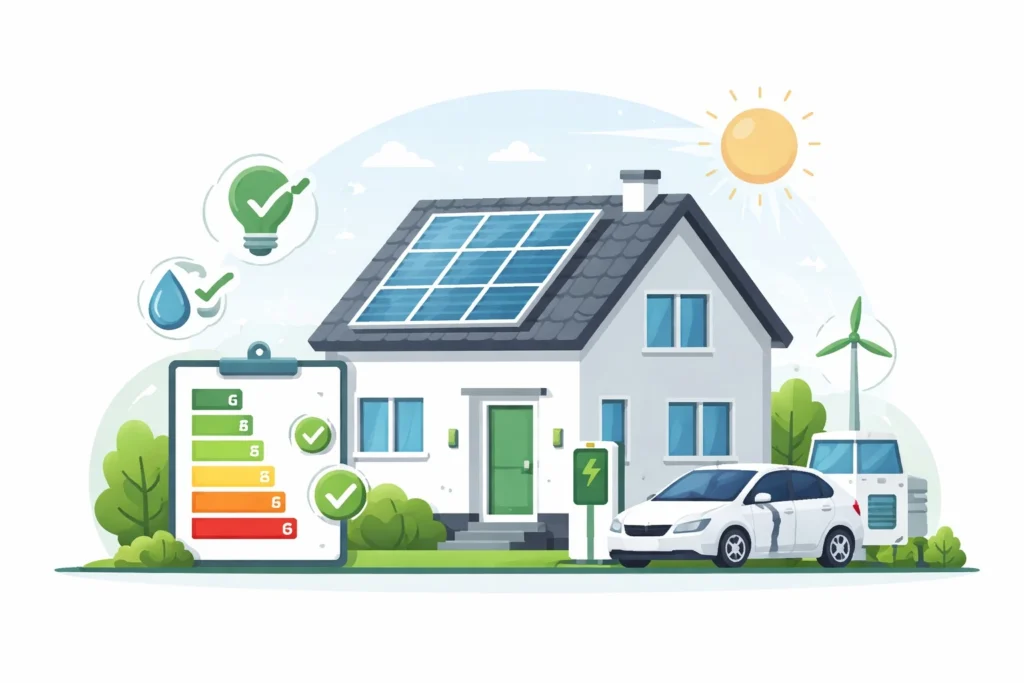 Illustration eines modernen, energieeffizienten Hauses mit Solaranlage, Elektroauto, Windturbine und Energieeffizienz-Checkliste, symbolisch für Renovierungspass und Energieberatung