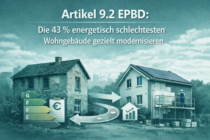 Visualisierung zu Artikel 9.2 EPBD: Unsaniertes Wohngebäude wird im Rahmen eines strategischen Renovierungspfads energetisch modernisiert.