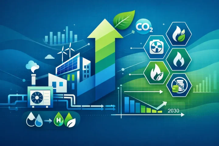 Abstrakte technische Infografik zur Gebäudemodernisierung mit Wärmepumpen, erneuerbaren Energien und Energieflüssen.
