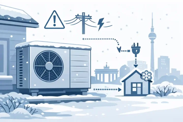 Illustration einer Wärmepumpe vor einem Berliner Wohngebäude im Winter, symbolisiert Stromausfall und Frostsicherheit