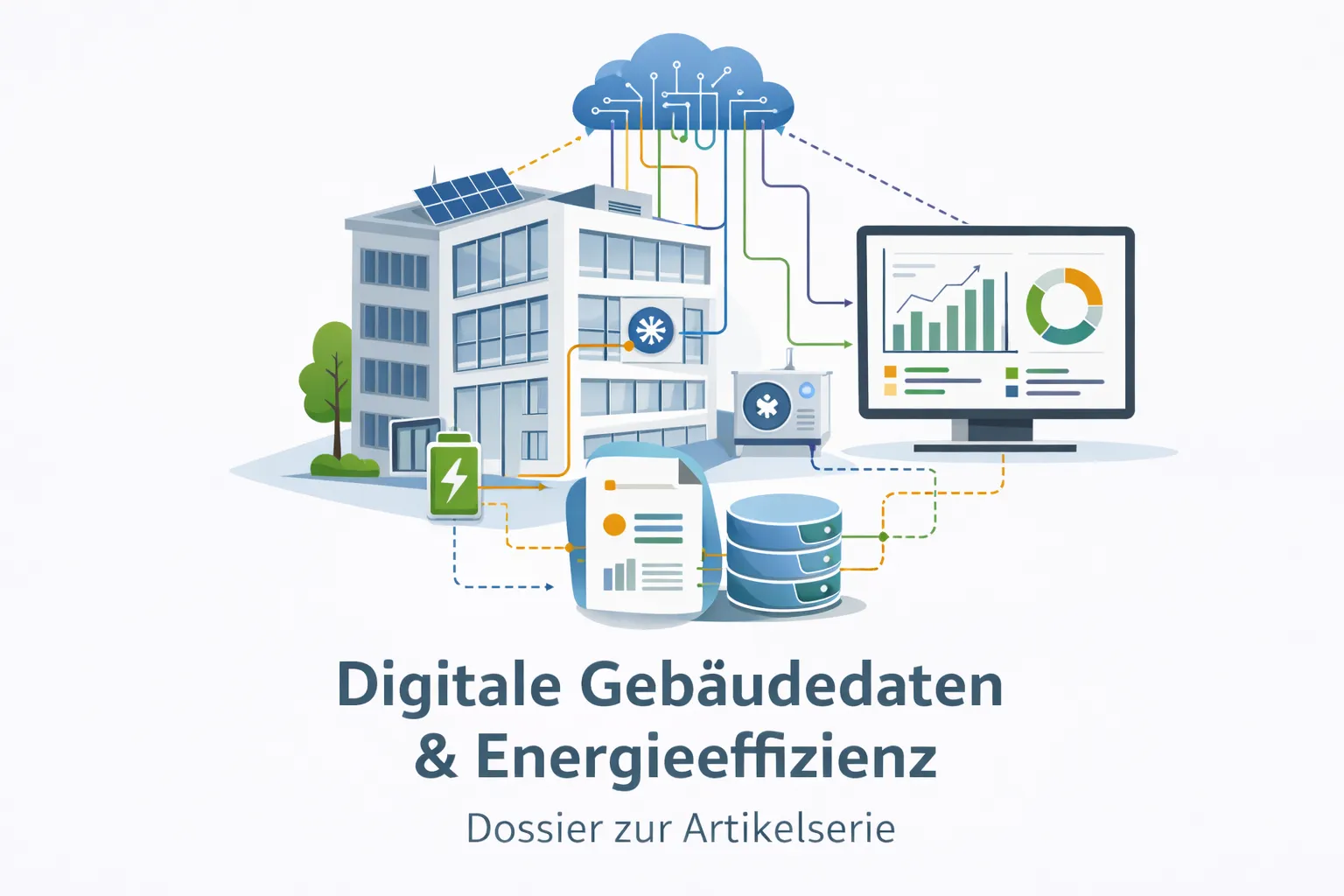 Infografik zu digitalen Gebäudedaten, Energieeffizienz und vernetzten Gebäudesystemen im Gebäudebestand