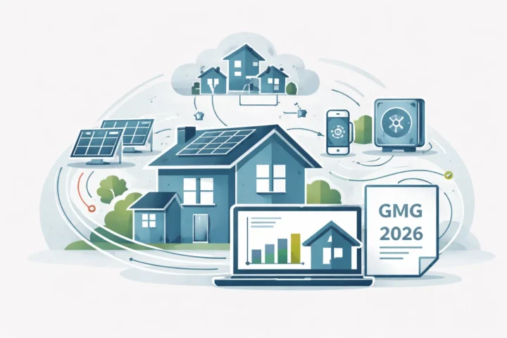 Stilisierte Illustration zeigt vernetzte Gebäude, Cloud-Daten, digitale Analyse und Modernisierungssymbole in GMG-Farben