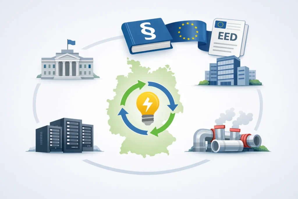 Reduzierte Illustration zum Energieeffizienzgesetz mit Bezug zur EU-Energieeffizienzrichtlinie, Deutschlandkarte, öffentlicher Hand, Unternehmen, Rechenzentren, Abwärme und technischer Infrastruktur im GMG-Stil.