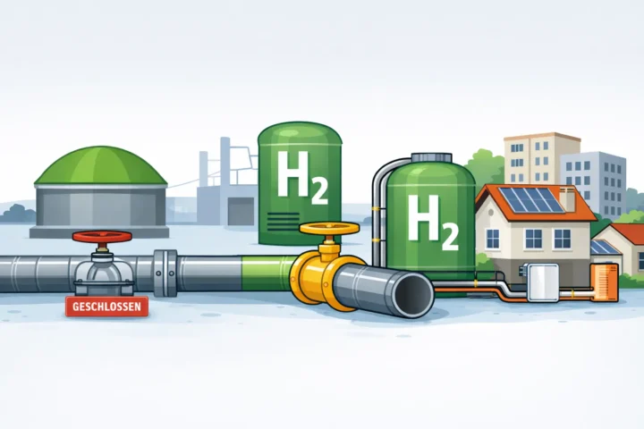 Illustration zur EnWG-Novelle 2026 mit Gasnetz, Wasserstoffspeicher, Biomethananlage und Gebäudeversorgung