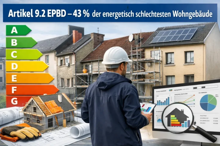 Visualisierung zu Artikel 9.2 EPBD mit Energieeffizienzklassen A–G, Wohngebäuden im Bestand und Analyseinstrumenten zur Bewertung der energetisch schlechtesten 43 Prozent.