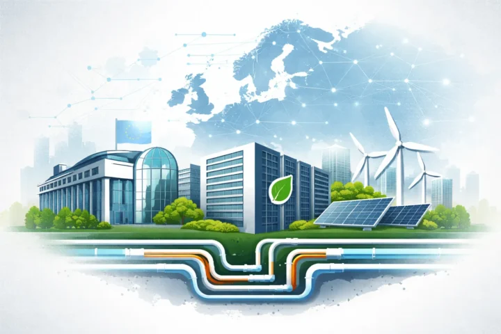 Illustration zur EU-Energieeffizienzrichtlinie 2023 mit Europa-Karte, öffentlichem Gebäude, technischer Infrastruktur, Energieversorgung und erneuerbaren Energien im reduzierten GMG-Stil.