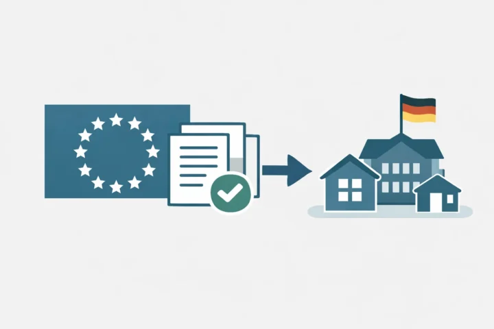 tilisierte Illustration zeigt EU-Dokumente, Gebäude-Icons und Pfeile nach Deutschland, minimalistisch in GMG-Farben