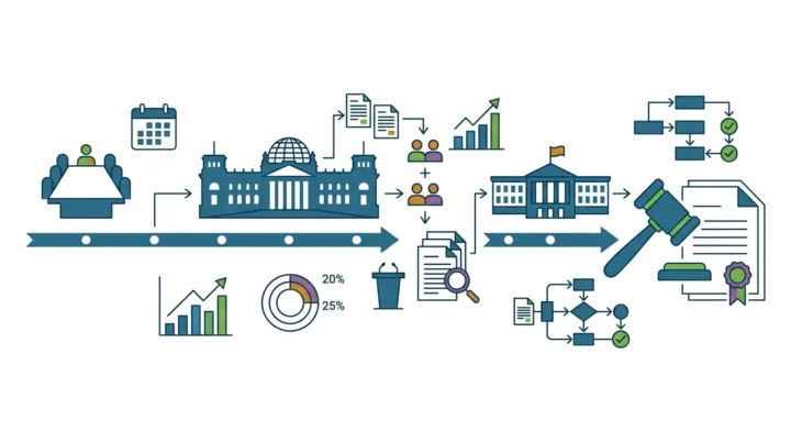 Flache, minimalistische Vektor-Infografik des GMG-Zeitplans mit Kabinett, Bundestag und Bundesrat, farblich in Blau, Grün, Orange und Violett