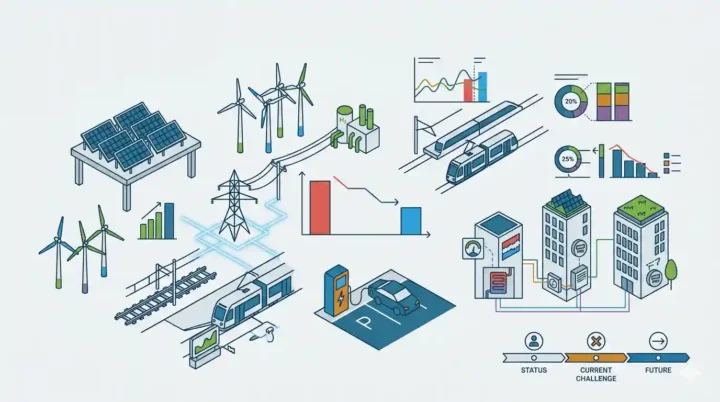 Flat vector illustration in minimal technical infographic style showing Germany's 2025 climate balance, energy, infrastructure, and buildings; calm and factual design with clear shapes and outlines, primary blue as dominant color and green, orange, violet accents.