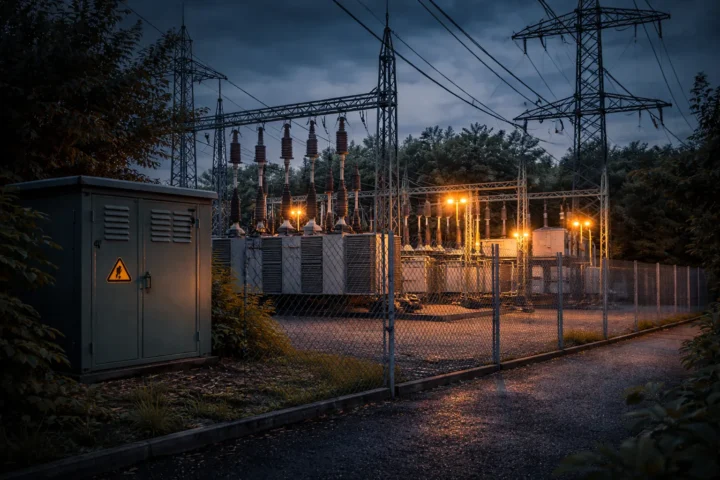 Umspannwerk der Stromnetz-Infrastruktur bei Dämmerung – Symbolbild für einen Stromausfall im regionalen Stromnetz.