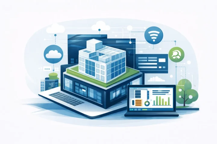 Illustration zu digitalen Gebäudedaten mit Gebäudemodell, Datennetz und Analyseoberfläche für Energieeffizienz und Sanierungsplanung