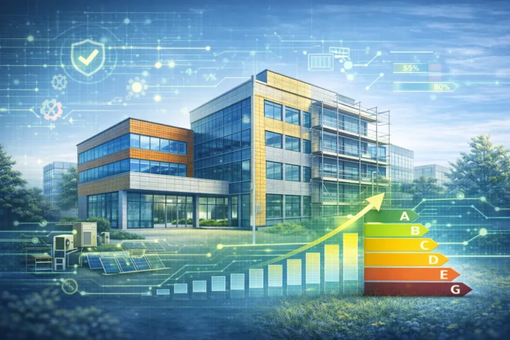 Illustration zu Sanierung von Nichtwohngebäuden mit modernisiertem Bestandsgebäude, Sanierungspfad, technischer Entwicklung und Zielparametern in GMG-Farben