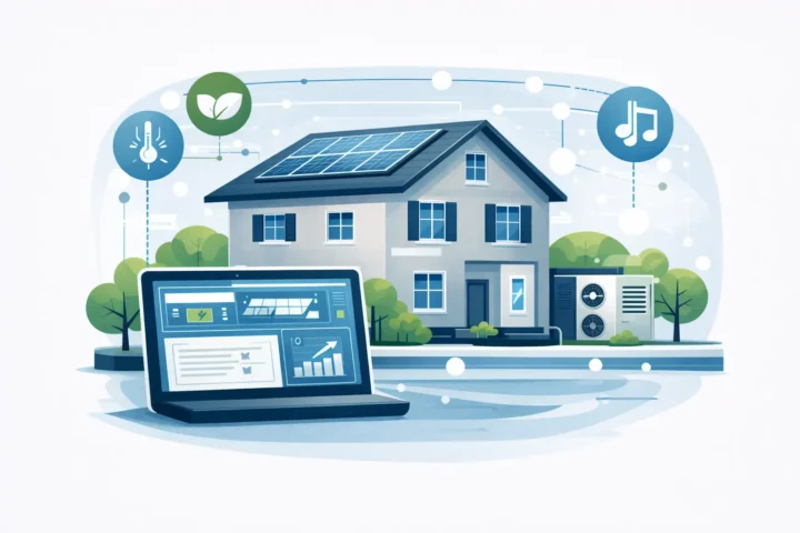 Illustration zu Gebäudeautomation im Gebäudebestand mit Bestandsgebäude, digitaler Nachrüstung und vernetzten Energiesystemen