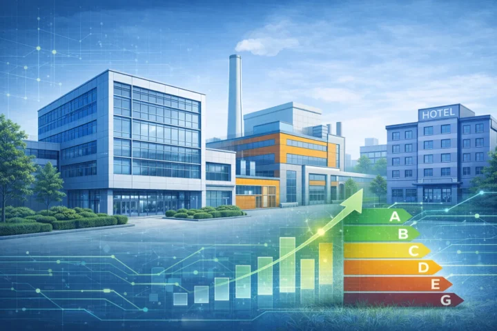 Illustration zu Nichtwohngebäuden in Deutschland mit Bürogebäude, gewerblich geprägtem Gebäudetyp, Hotel, abstrahierten Energiedaten und energetischer Bewertung in GMG-Farben