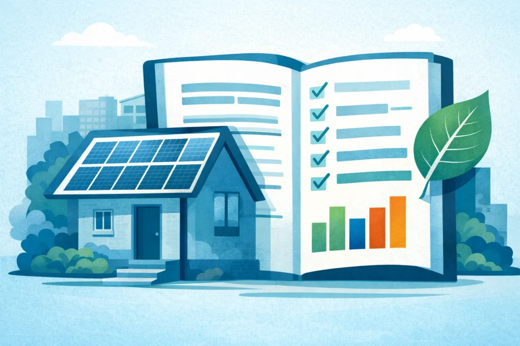 Illustration eines Renovierungspasses mit Wohngebäude und energetischem Modernisierungspfad