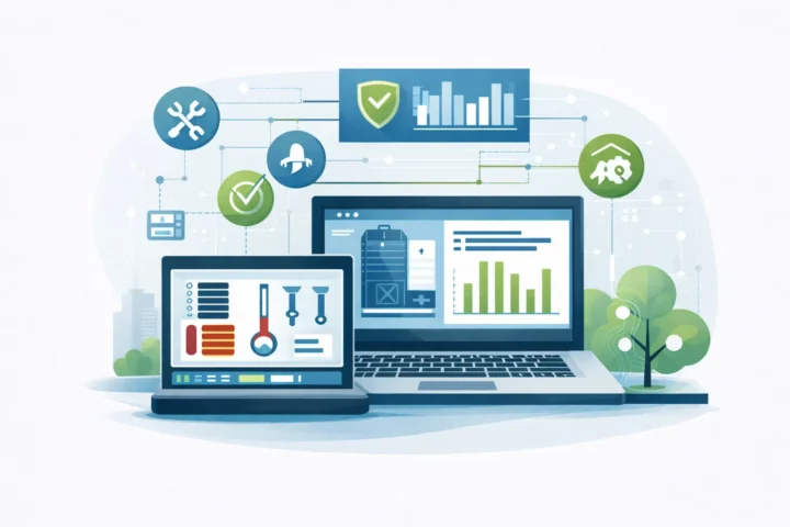 Illustration zu Gebäudeautomation im Gebäudebetrieb mit digitalem Energiemonitoring, Steuerungsoberfläche und vernetzten technischen Anlagen