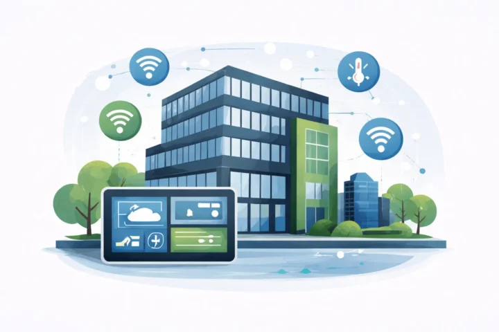 Illustration zur Gebäudeautomation mit modernem Bürogebäude, digitalem Steuerungspanel und vernetzten Sensorsystemen
