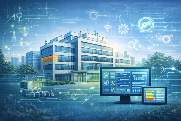 Illustration zu GEG, Gebäudeautomation und EPBD mit technischem Nichtwohngebäude, Monitoring, Sensorik und digitaler Steuerung in GMG-Farben