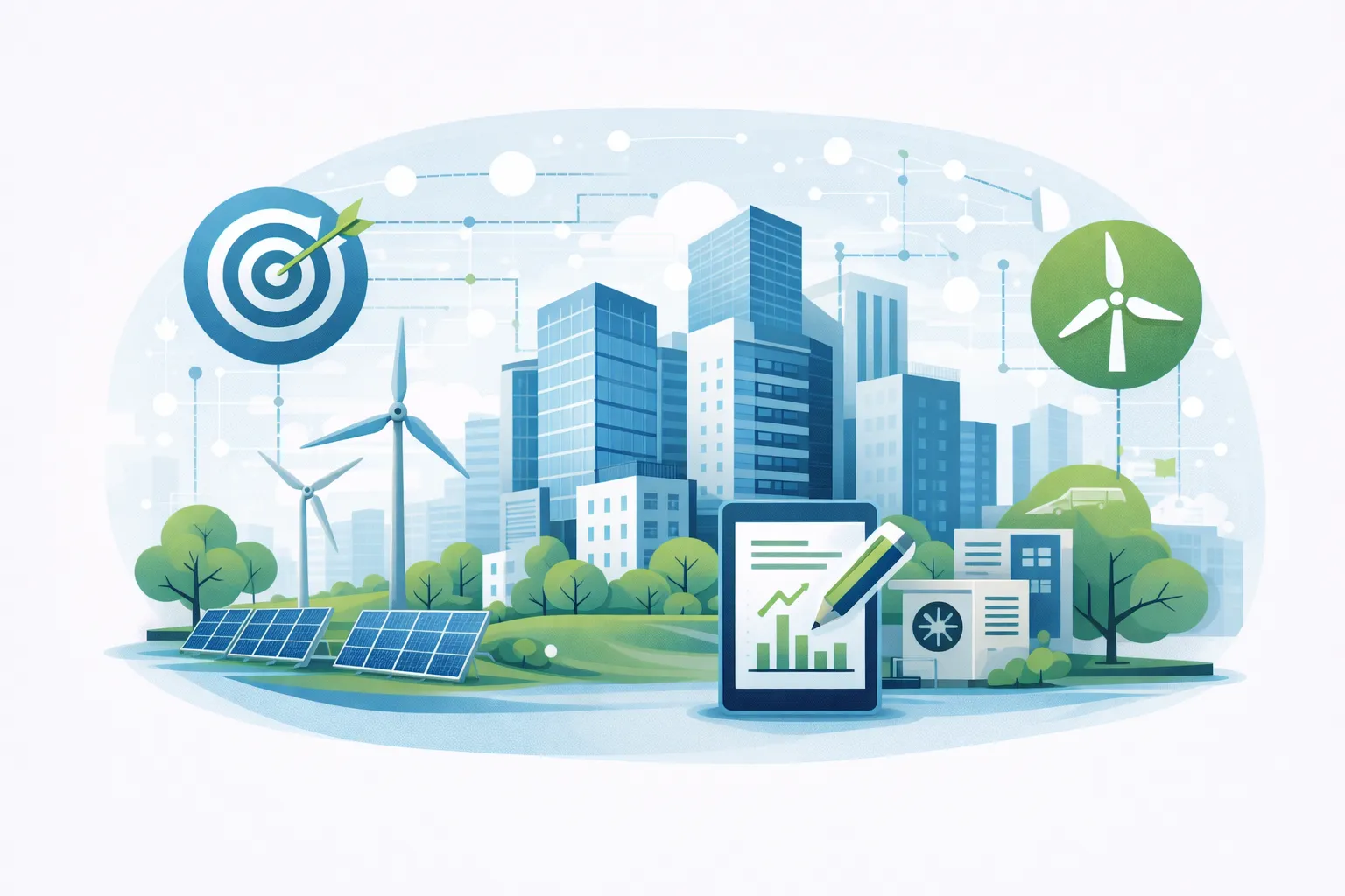 Illustration zu Gebäudeautomation mit digitalem Gebäude, vernetzten technischen Anlagen und Energiefluss im Gebäudesektor