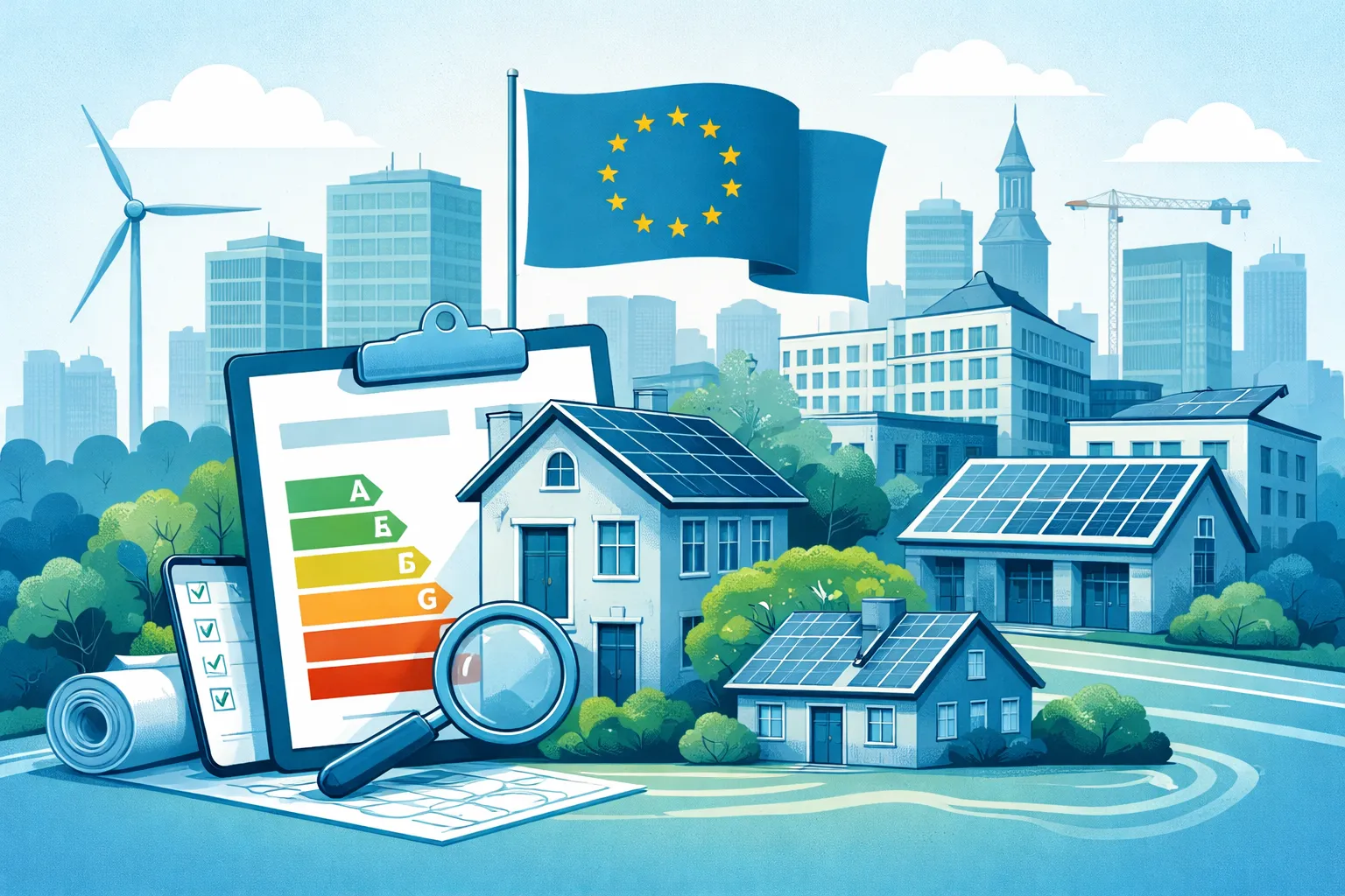 Illustration zur EU-Gebäuderichtlinie EPBD 2024 mit energieeffizienten Gebäuden und Solarenergie
