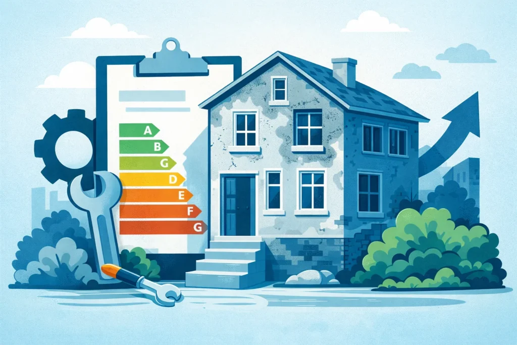 Älteres Wohngebäude mit energetischem Sanierungsbedarf und Energieeffizienzbewertung