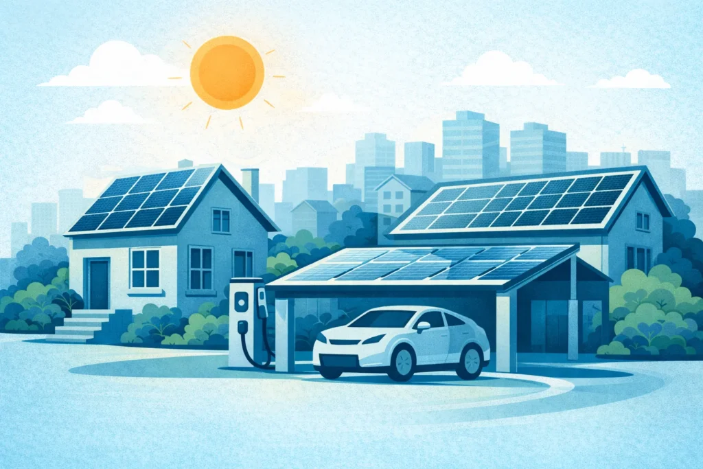 Wohngebäude mit Solaranlagen auf Dachflächen und Ladeinfrastruktur am Stellplatz
