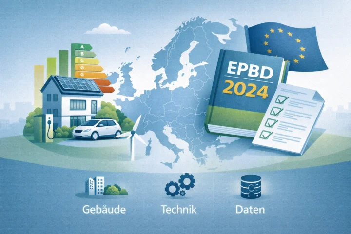 Illustration zur EPBD 2024 mit Gebäude, Europa-Bezug, Technik, Daten und Energieeffizienz in sachlichem GMG-Stil