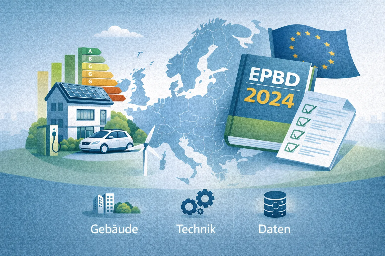 Illustration zur EPBD 2024 mit Gebäude, Europa-Bezug, Technik, Daten und Energieeffizienz in sachlichem GMG-Stil