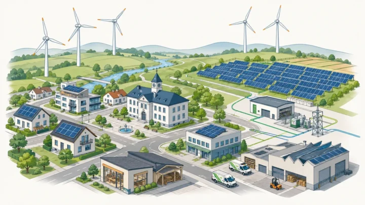 Windräder, Solarfelder und eine Gemeinde als Symbol für regionale Wertschöpfung durch erneuerbare Energien