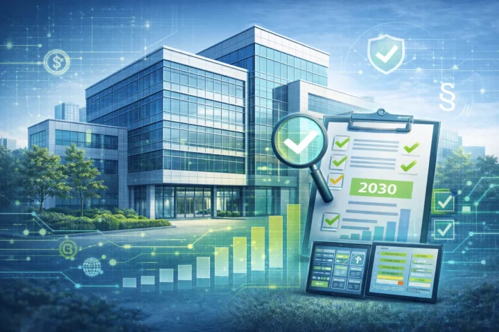 Illustration zu Nichtwohngebäuden nach der EPBD mit modernem Gebäude, abstrahierter Prüf- und Bewertungslogik sowie regulatorischer Einordnung in GMG-Farben