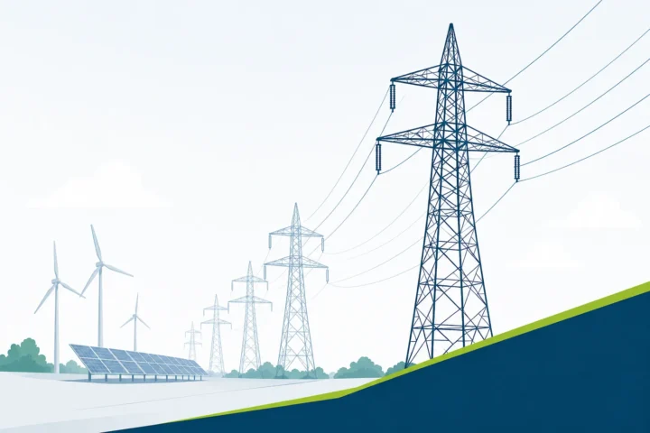 Strommasten, Freileitungen, Windräder und Solaranlagen als Symbol für den Netzausbau 2026