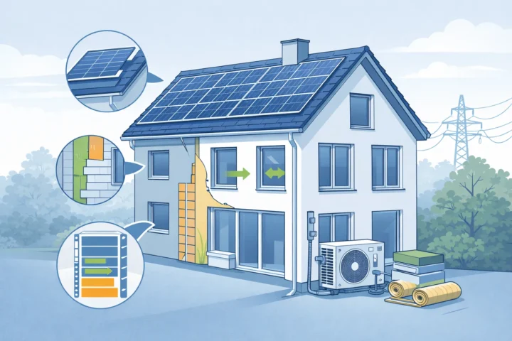 Illustration einer schrittweisen energetischen Sanierung an einem Wohngebäude mit Dämmung, Photovoltaik und Wärmepumpe