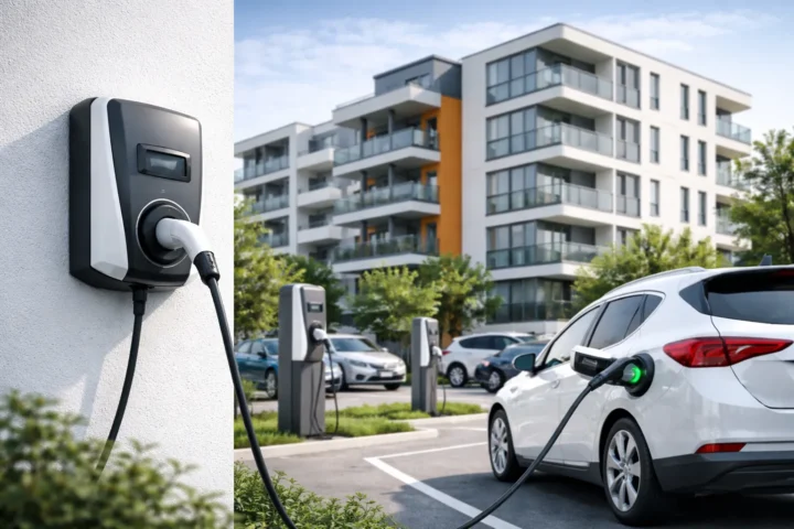 Wallboxen und Ladeinfrastruktur an einem Mehrfamilienhaus in reduzierter technischer Darstellung