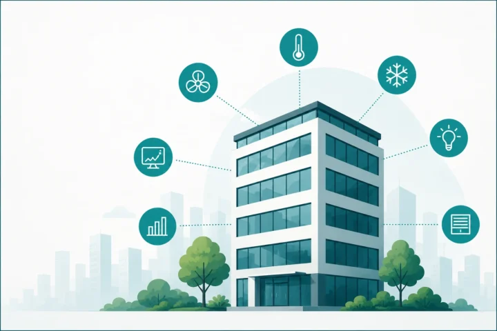 Illustration zu Gebäudeautomation mit modernem Gebäude, vernetzten technischen Anlagen und digitalen Steuerungssymbolen