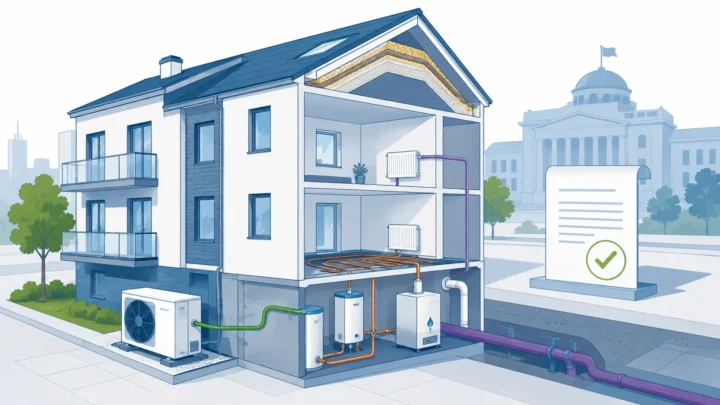 Illustration eines modernisierten Wohngebäudes mit Heiztechnik, Wärmepumpe, Gasheizung, Wärmenetzanschluss und symbolischem Kabinettsbeschluss zum Gebäudemodernisierungsgesetz.