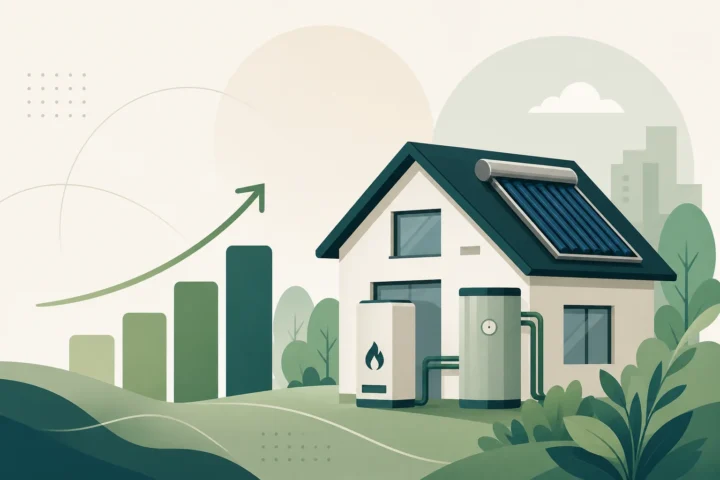 Illustration eines Wohnhauses mit Solarthermie, Heiztechnik und steigender Modernisierungskurve zum GMG-Referentenentwurf 2026