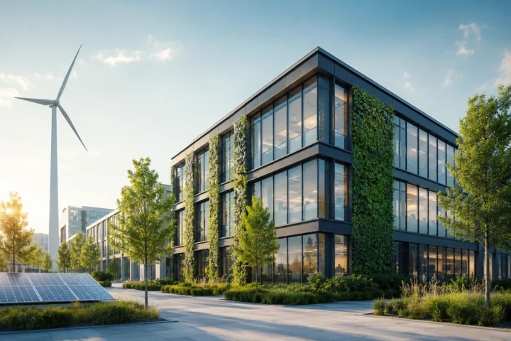 Modernes Nichtwohngebäude mit Gebäudeautomation, Photovoltaik und nachhaltiger Energieversorgung als Symbol für das Gebäudemodernisierungsgesetz und die EPBD 2024.